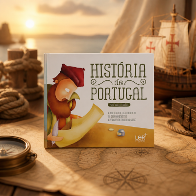 Livro História de Portugal em cenário histórico com mapas e navios