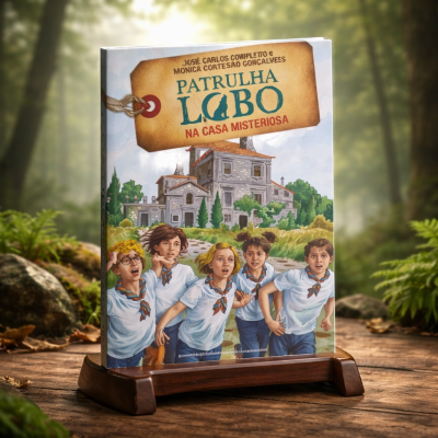 Capa do livro Patrulha Lobo na Casa Misteriosa com crianças e casa ao fundo