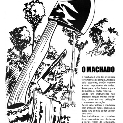 Desenho a preto e branco de dois machados num tronco de árvore com texto em português sobre ferramentas no escutismo