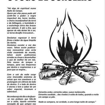 Página com texto em português e desenho preto de uma fogueira em madeira e chamas
