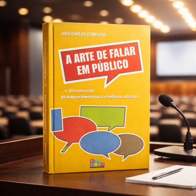 Livro amarelo A Arte de Falar em Público sobre um púlpito com microfone e bloco de notas