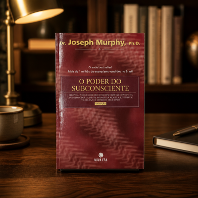 Livro O PODER DO SUBCONSCIENTE sobre mesa de madeira com estante e luminária ao fundo.