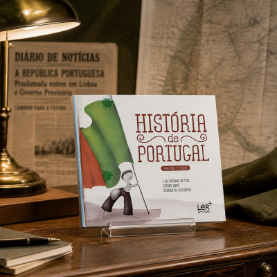 Livro História de Portugal em suporte de mesa madeira com lâmpada e jornal antigo ao fundo