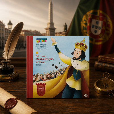 Capa de livro ilustrado sobre a história de Portugal no século XVII com elementos decorativos históricos