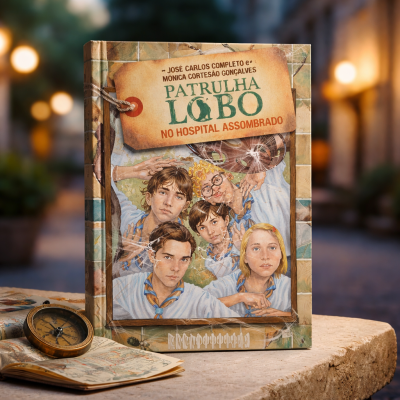 Capa de livro ilustrada com cinco jovens e lenços azuis, título Patrulha Lobo No Hospital Assombrado, sobre mesa rústica com bússola e mapa