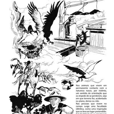 Página de livro com o título ORIENTAÇÃO e várias ilustrações em preto e branco incluindo águias, cavaleiros e pessoas.