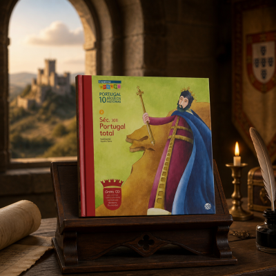 Livro infantil Séc. XIII Portugal total com ilustração de rei em suporte de madeira
