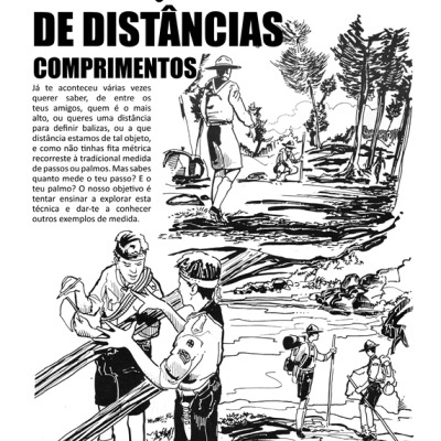 Página com título e ilustrações a preto e branco de escuteiros em atividades na natureza