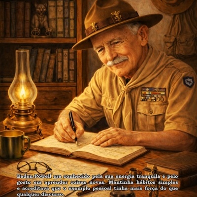 Idoso em uniforme cor cáqui escreve num livro à mesa com lamparina acesa em ambiente de biblioteca