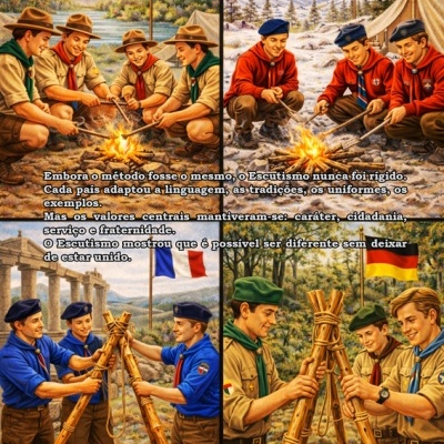 Grupos de escuteiros em uniformes variados com bandeiras nacionais ao ar livre junto a fogueiras e construções de madeira.