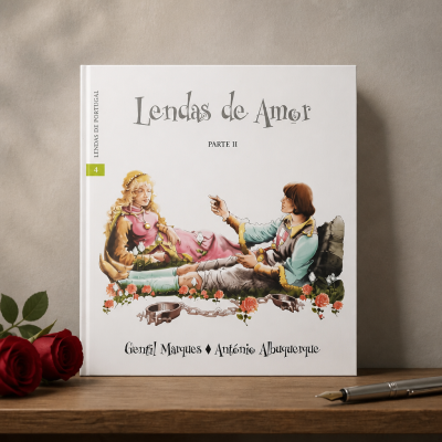 Livro Lendas de Amor Parte II com ilustração de duas figuras medievais e rosas na mesa