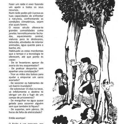 Página de revista com texto sobre escutismo e ilustração de jovens com mochilas a caminhar numa floresta.