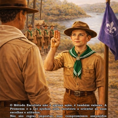 Imagem de escuteiros em uniforme numa paisagem natural junto a um rio, com texto explicativo em português
