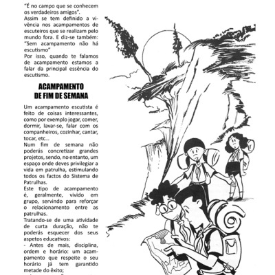 Página de livro sobre escutismo com texto e ilustração a preto e branco de jovens em acampamento