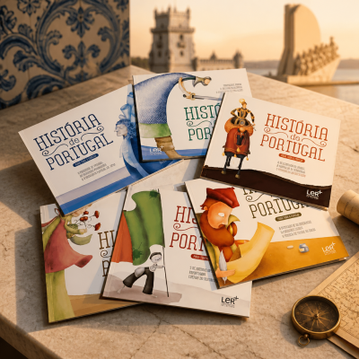 Livros infantis sobre História de Portugal com capas ilustradas e coloridas, dispostos sobre uma mesa junto a uma bússola e um mapa.