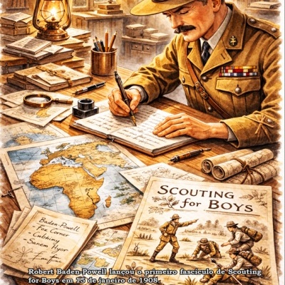 Homem em uniforme de escuteiro sentado numa mesa com mapas e livros, escrevendo num caderno