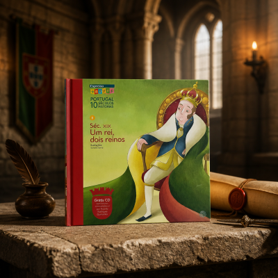 Capa de livro ilustrado sobre rei do século XIX com capa verde e vermelha