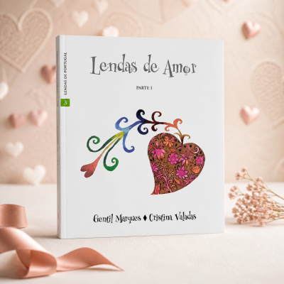Livro Lendas de Amor PARTE 1 com desenho de coração colorido em fundo com corações e fita rosa