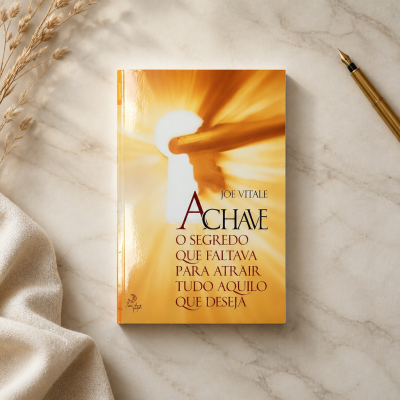 Livro A Chave de Joe Vitale sobre mármore com caneta dourada e tecido bege
