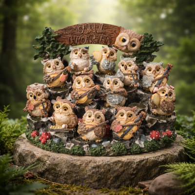 Estátua decorativa de coruja a tocar instrumentos, com placa OWL WORLD