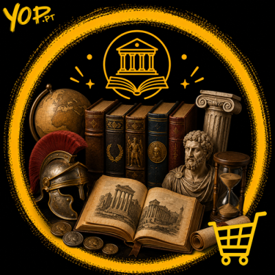 Objetos históricos e culturais com livros antigos e capacete romano