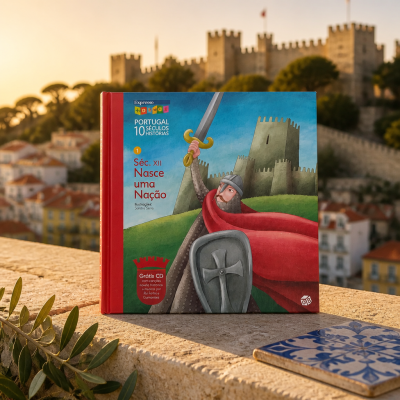 Livro infantil capa vermelha com cavaleiro medieval, textos sobre Portugal, em superfície de pedra com azulejo e planta