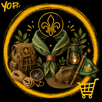 Conjunto de artigos de escuteiro com mochila, lenço, chapéu, lanterna e acessórios em fundo preto com círculo amarelo.