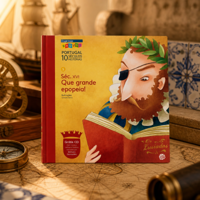 Capa de livro infantil amarelo e vermelho sobre tema histórico com ilustração de homem lendo.