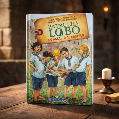 Capa de livro infantil Patrulha Lobo No Assalto Ao Castelo com ilustração de cinco crianças em uniforme de escuteiros