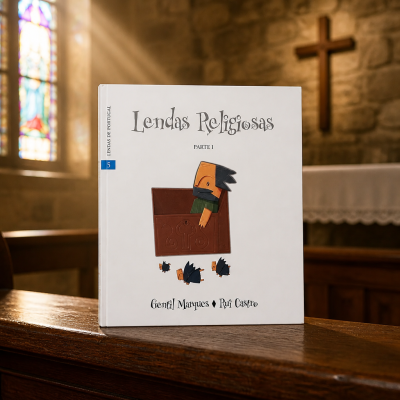 Livro Lendas Religiosas com capa branca em banco de madeira numa igreja