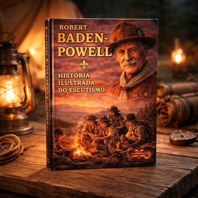 Livro ROBERT BADEN-POWELL HISTÓRIA ILUSTRADA DO ESCUTISMO sobre mesa de madeira com lanternas e corda