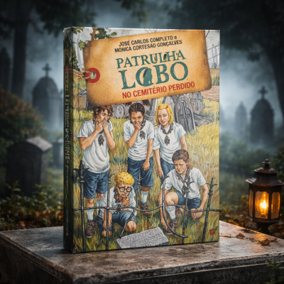 Livro Patrulha Lobo no Cemitério Perdido com capa ilustrada de crianças num cemitério à noite