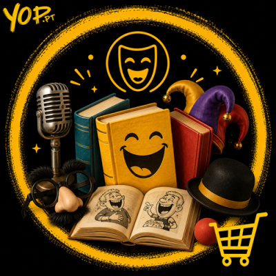 Microfone vintage, livros coloridos, livros de banda desenhada abertos, acessórios de palhaço e chapéu de bobo da corte num design gráfico amarelo e preto