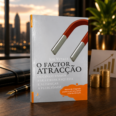 Livro O Factor Atração de Joe Vitale sobre mesa com caneta, moedas e gráfico.