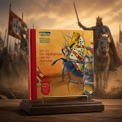 Livro histórico ilustrado sobre a Batalha de Aljubarrota em suporte de madeira com fundo de cavaleiro medieval