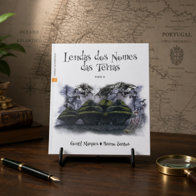 Livro Lendas dos Nomes das Terras PARTE II com ilustração, caneta, lupa e mapa antigo de Portugal.