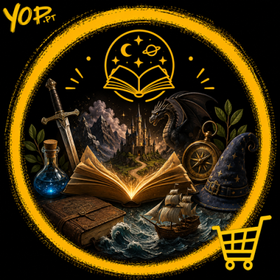 Objeto de fantasia incluindo livros, espada, dragão, bússola, chapéu de feiticeiro, barco e castelo num cenário mágico