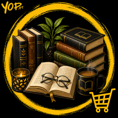 Livros empilhados, planta, óculos, vela e copo sobre fundo negro com círculo e carrinho amarelo