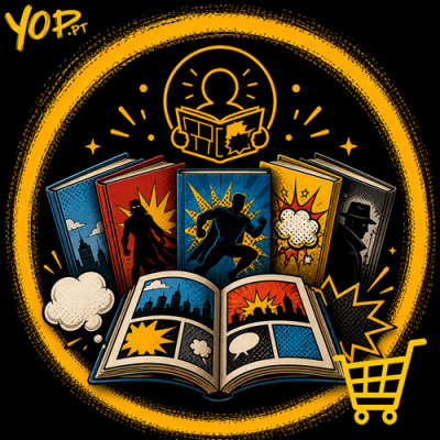 Livros de banda desenhada com capas coloridas e carrinho de compras amarelo