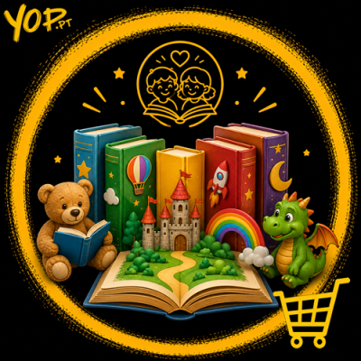 Livros infantis coloridos com urso de peluche e dragão verde em fundo preto com círculo amarelo