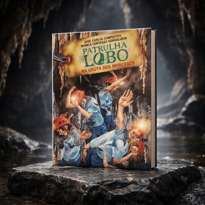 Capa de livro ilustrada com pessoas em gruta e morcegos, texto do título e autores