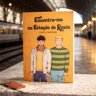 Livro Encontra-me na Estação do Rossio com capa amarela e ilustração de dois jovens em estação de comboios.
