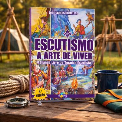 Livro sobre escutismo com capa ilustrada, bússola, corda, caneca e tecido em mesa de madeira ao ar livre