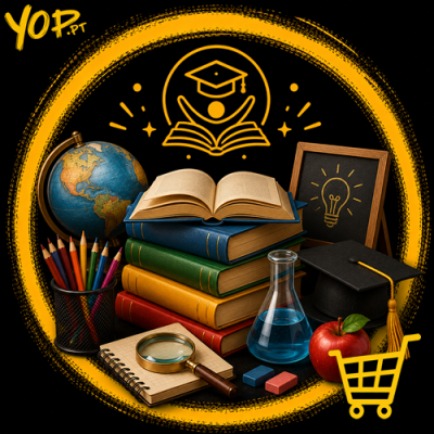 Livros, globo, lápis, quadro negro, frasco, maçã, chapéu de formatura e caderno com lupa
