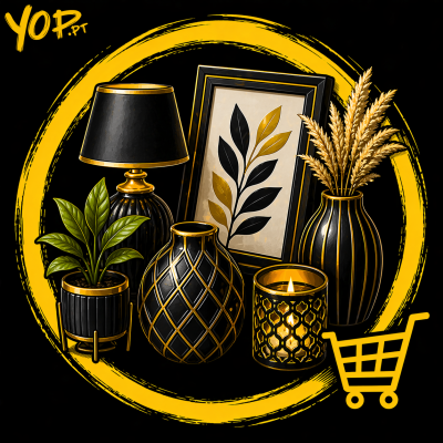 Conjunto decorativo preto e dourado com planta, vela, abajur e quadro de folhas