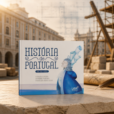 Livro capa dura História de Portugal com ilustração azul e branca em mesa de pedra