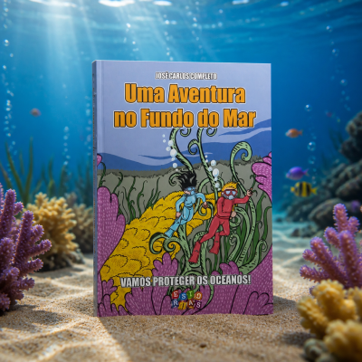 Capa de livro colorida com tema subaquático e personagens a mergulhar