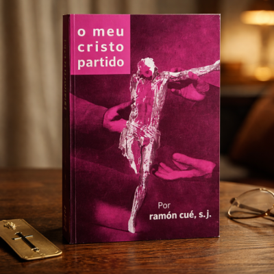 Livro o meu cristo partido com capa rosa e imagem artística de Cristo com mãos ao fundo sobre mesa de madeira