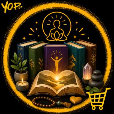 Livros coloridos, vela, planta, cristais e pedras com fundo preto e detalhes dourados