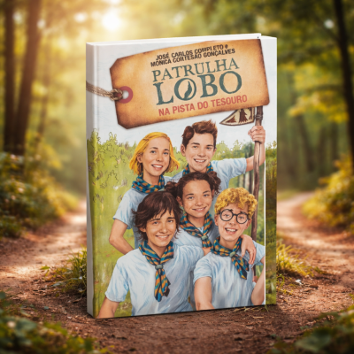 Capa de livro infantil com jovens ilustrados e título PATRULHA LOBO NA PISTA DO TESOURO